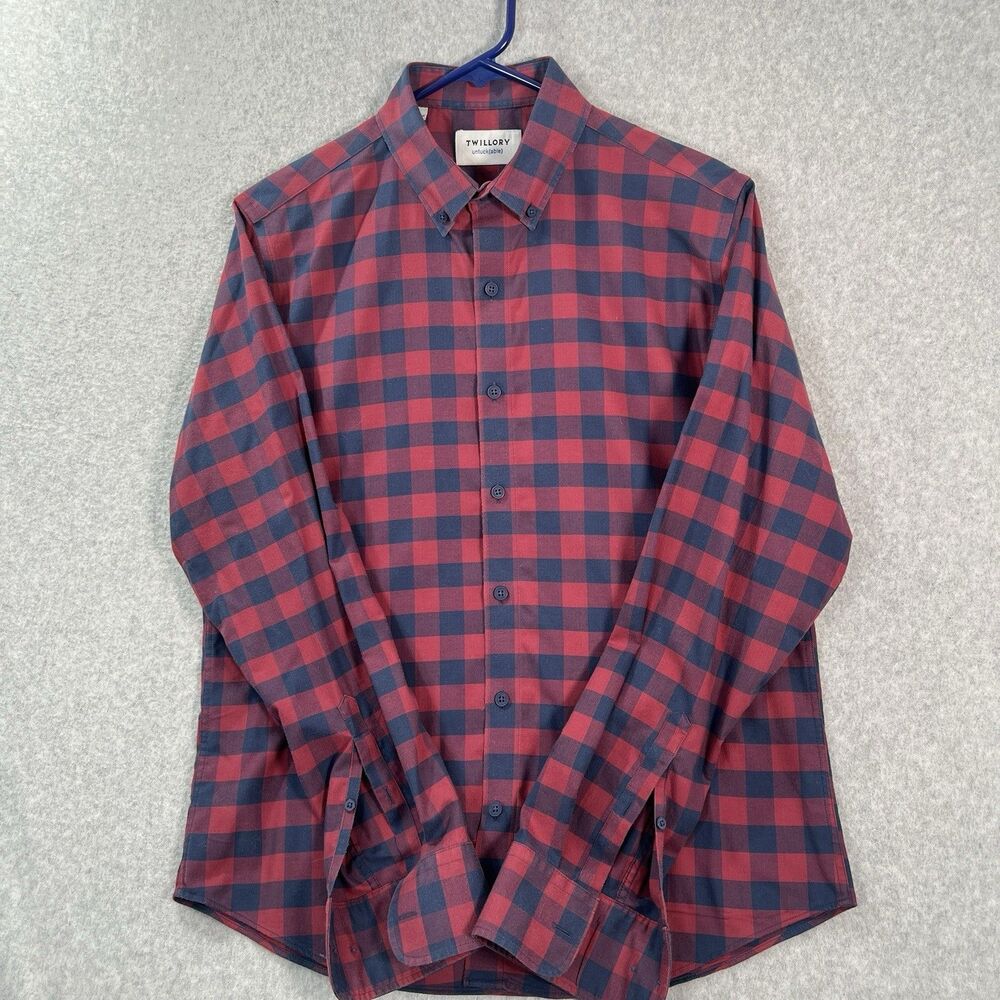 Twillory Shirt Mens Medium Red Blue Tailored fit Button Stretch Casual